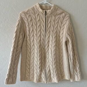 Irelandseye Lambswool Silk Cream Cable Knit Fisherman Zip Front Cardigan Sweater